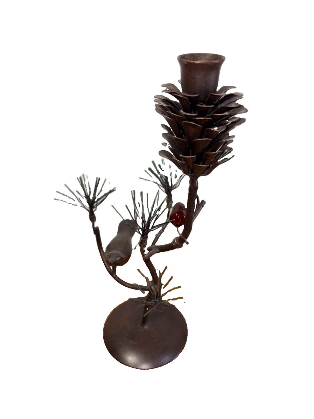 Vintage Bird and Pinecone Metal Candle Holder Rustic Charm